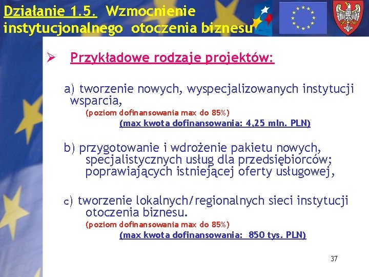 Działanie 1. 5. Wzmocnienie instytucjonalnego otoczenia biznesu Ø Przykładowe rodzaje projektów: a) tworzenie nowych,