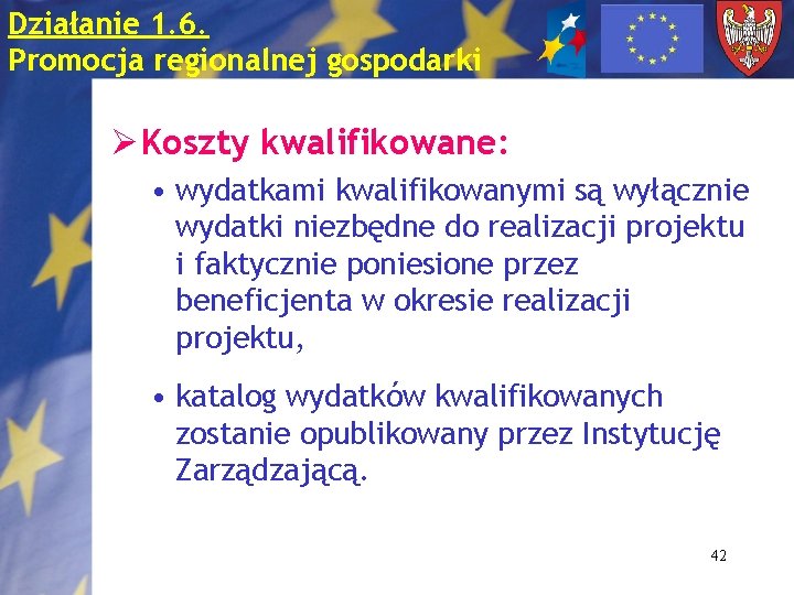 Działanie 1. 6. Promocja regionalnej gospodarki Ø Koszty kwalifikowane: • wydatkami kwalifikowanymi są wyłącznie