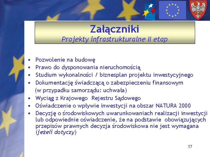 Załączniki Projekty infrastrukturalne II etap • • Pozwolenie na budowę Prawo do dysponowania nieruchomością