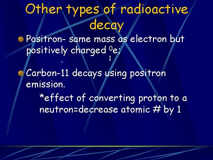 Other types of radioactive decay Positron- same mass as electron but positively charged 0 Other types of radioactive decay Positron- same mass as electron but positively charged 0