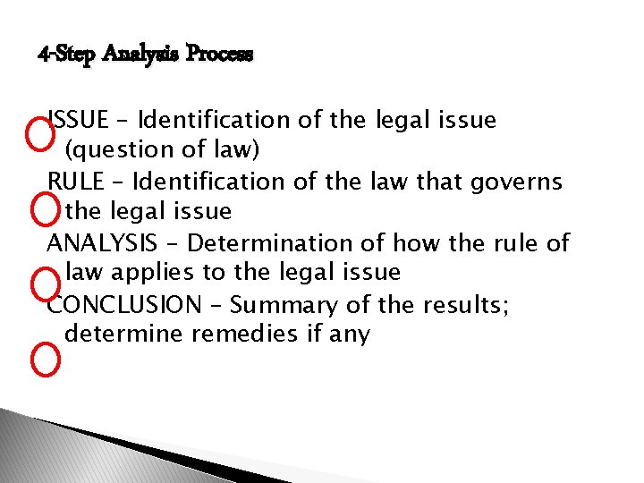 4 -Step Analysis Process ISSUE – Identification of the legal issue (question of law)