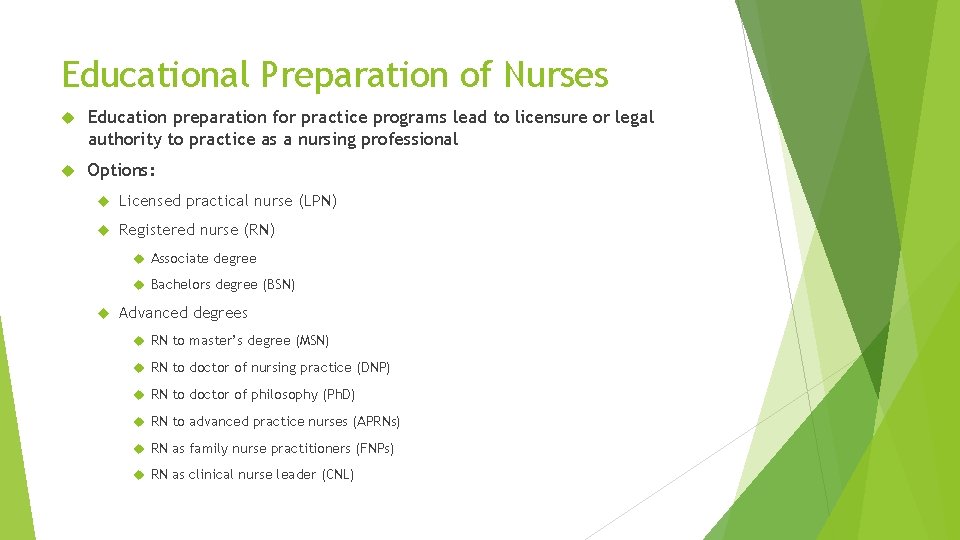 Educational Preparation of Nurses Education preparation for practice programs lead to licensure or legal