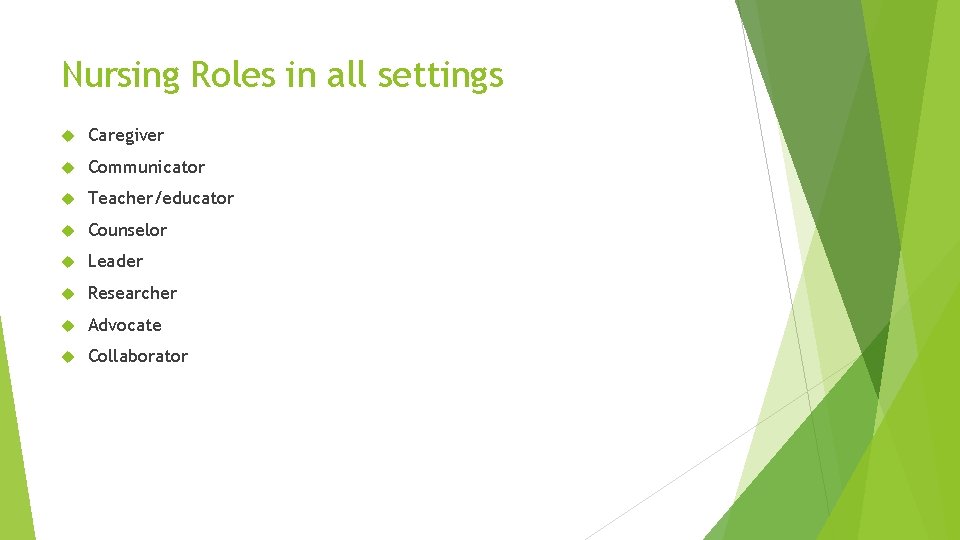 Nursing Roles in all settings Caregiver Communicator Teacher/educator Counselor Leader Researcher Advocate Collaborator 