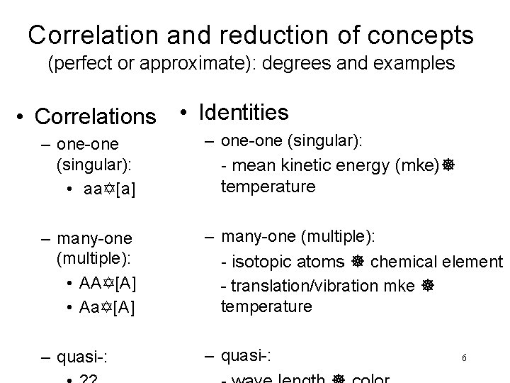 Correlation and reduction of concepts (perfect or approximate): degrees and examples • Correlations • Correlation and reduction of concepts (perfect or approximate): degrees and examples • Correlations •