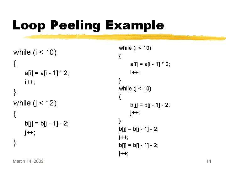 Loop Peeling Example while (i < 10) { a[i] = a[i - 1] *