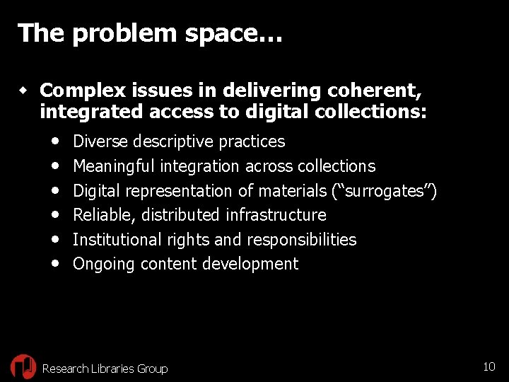 The problem space… w Complex issues in delivering coherent, integrated access to digital collections: