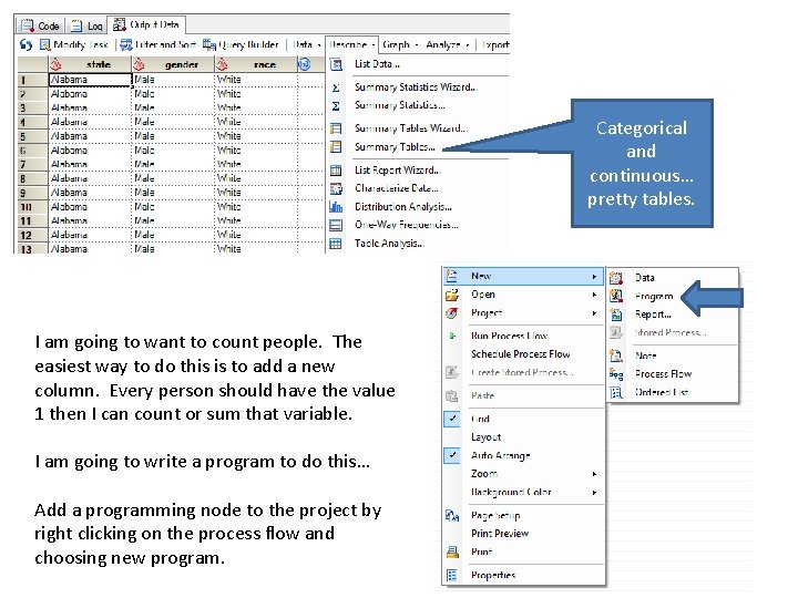 Categorical and continuous… pretty tables. I am going to want to count people. The