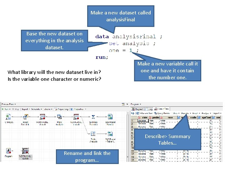 Make a new dataset called analysis. Final Base the new dataset on everything in