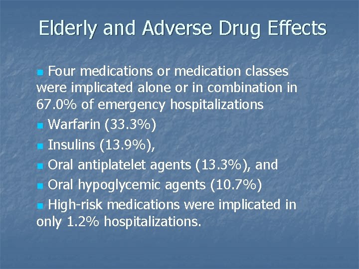 Elderly and Adverse Drug Effects Four medications or medication classes were implicated alone or
