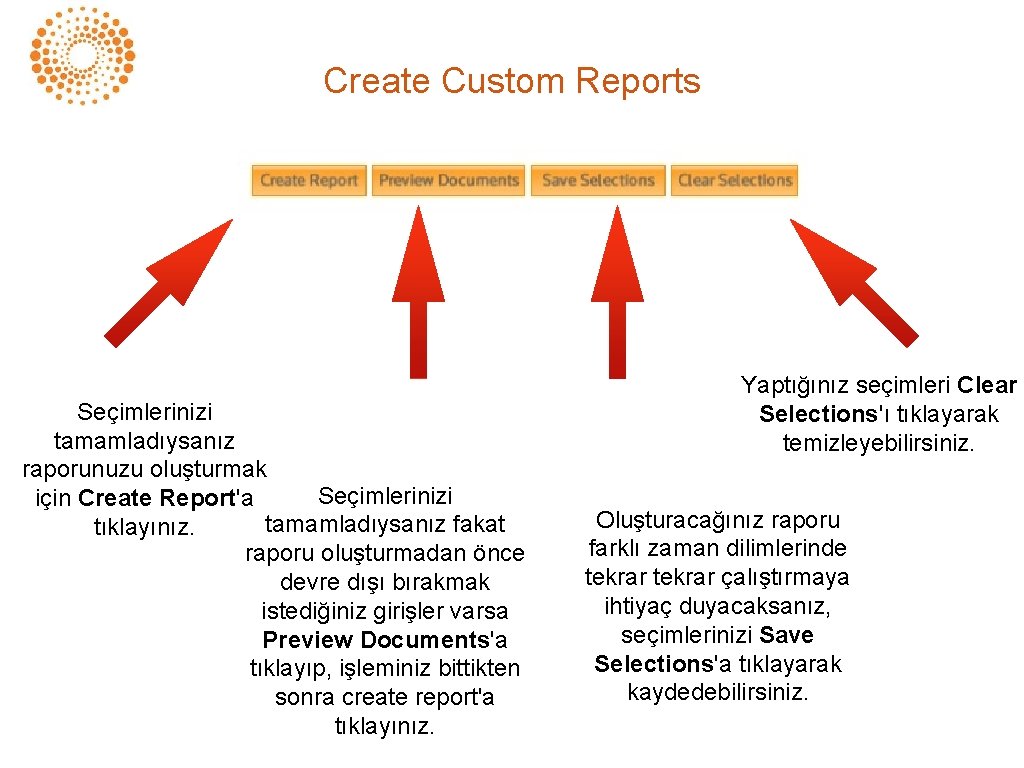 Create Custom Reports Seçimlerinizi tamamladıysanız raporunuzu oluşturmak Seçimlerinizi için Create Report'a tamamladıysanız fakat tıklayınız.