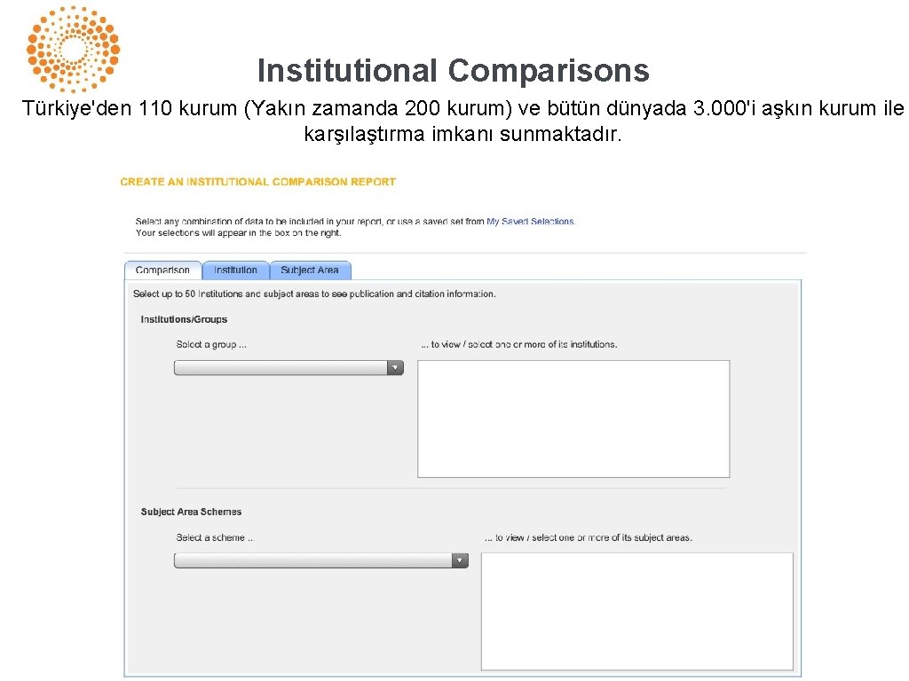 Institutional Comparisons Türkiye'den 110 kurum (Yakın zamanda 200 kurum) ve bütün dünyada 3. 000'i