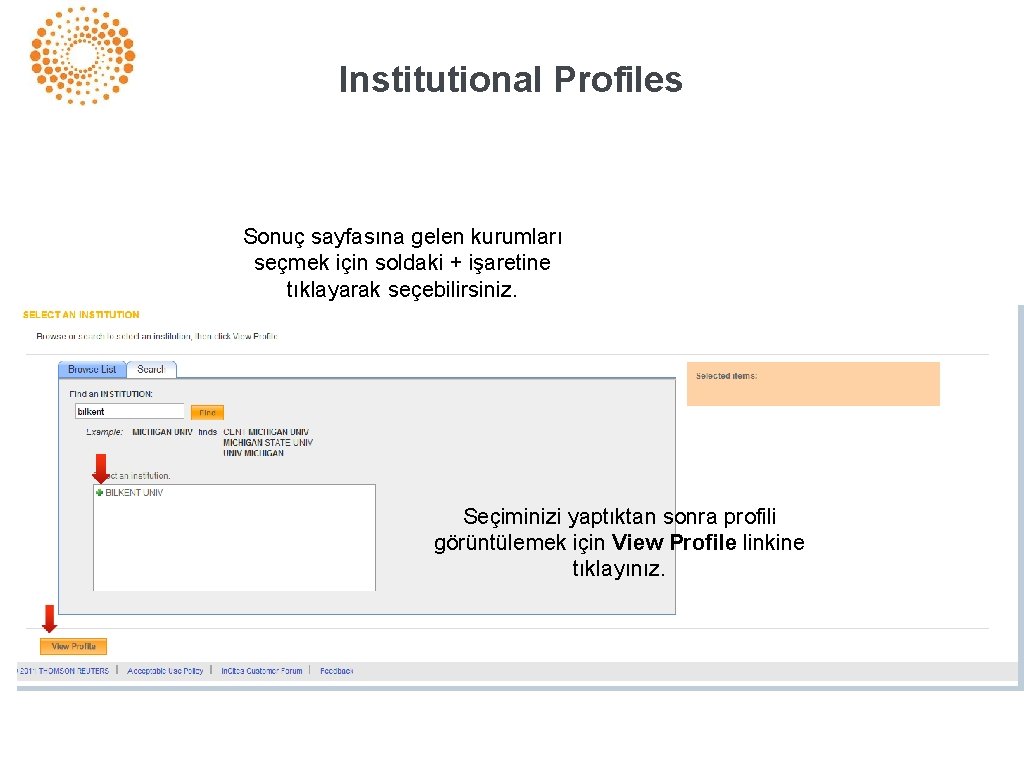 Institutional Profiles Sonuç sayfasına gelen kurumları seçmek için soldaki + işaretine tıklayarak seçebilirsiniz. Seçiminizi