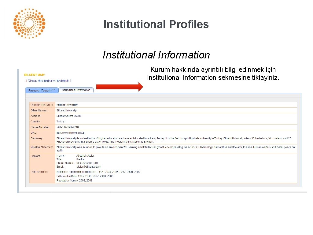 Institutional Profiles Institutional Information Kurum hakkında ayrıntılı bilgi edinmek için Institutional Information sekmesine tiklayiniz.