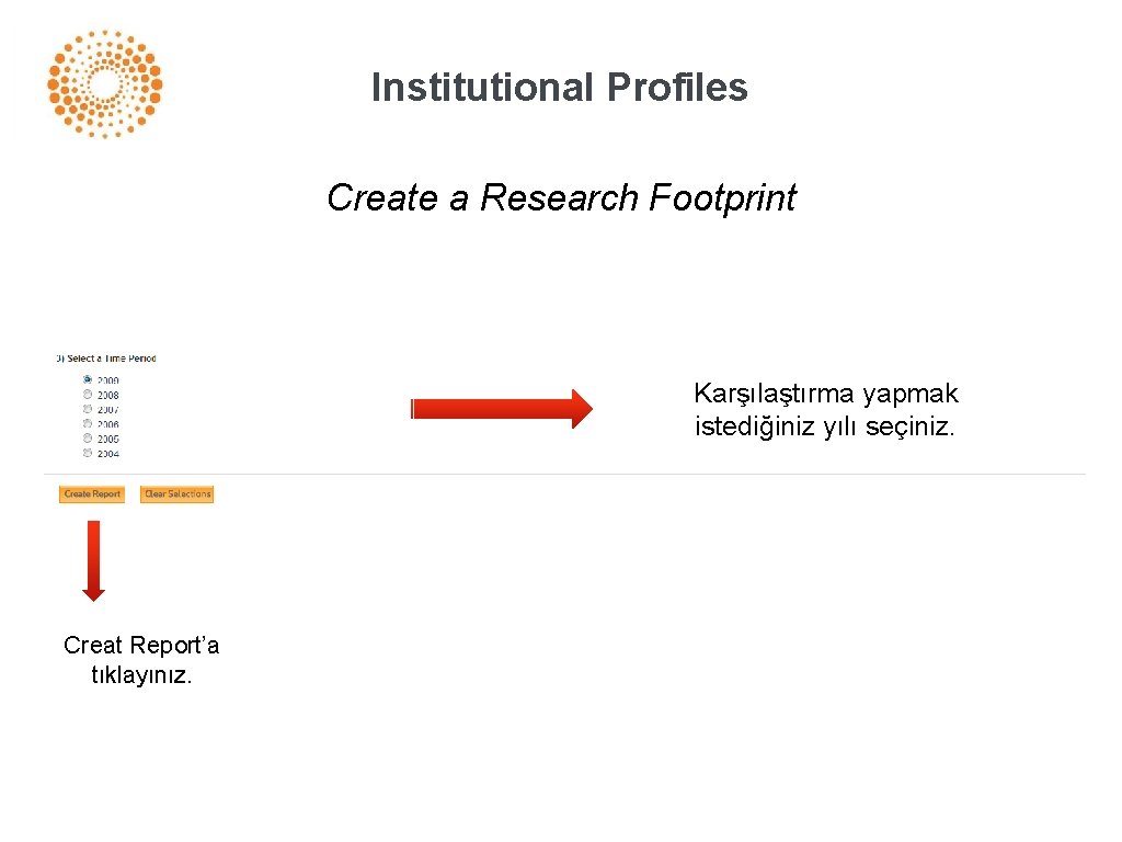 Institutional Profiles Create a Research Footprint Karşılaştırma yapmak istediğiniz yılı seçiniz. Creat Report’a tıklayınız.
