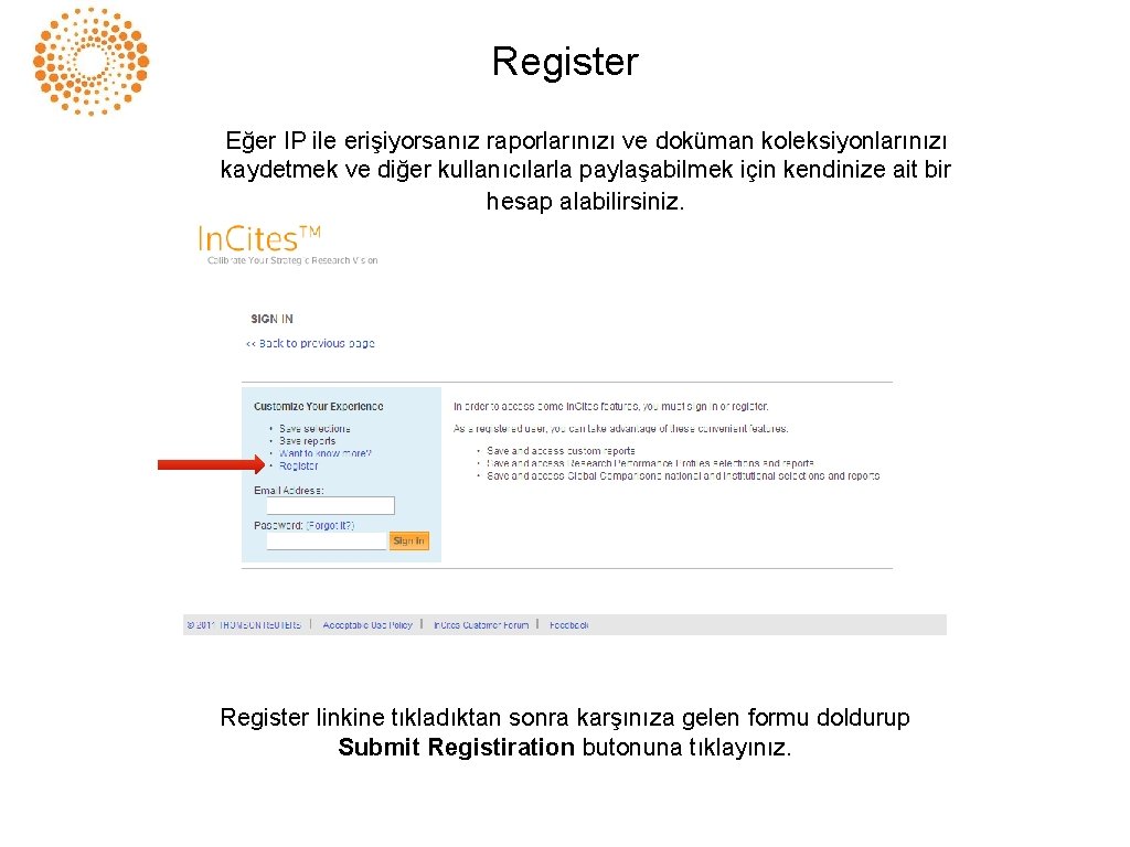 Register Eğer IP ile erişiyorsanız raporlarınızı ve doküman koleksiyonlarınızı kaydetmek ve diğer kullanıcılarla paylaşabilmek