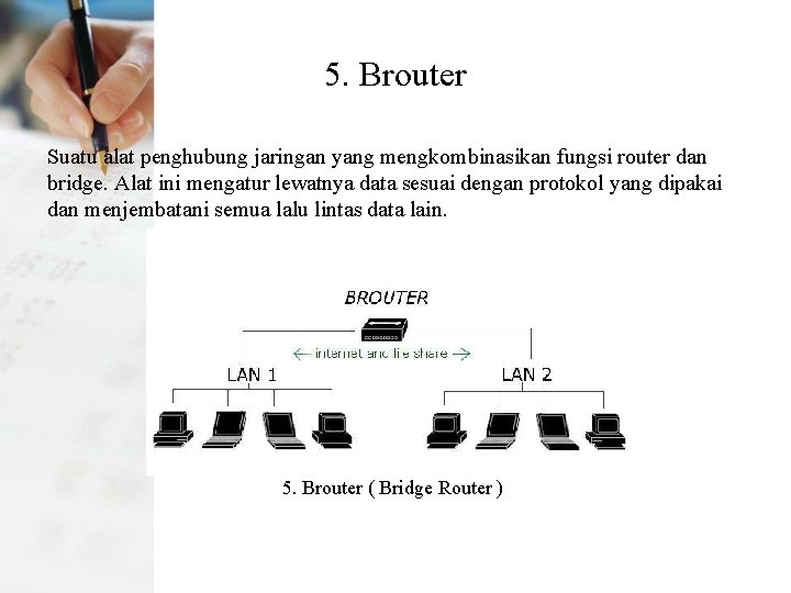 5. Brouter Suatu alat penghubung jaringan yang mengkombinasikan fungsi router dan bridge. Alat ini