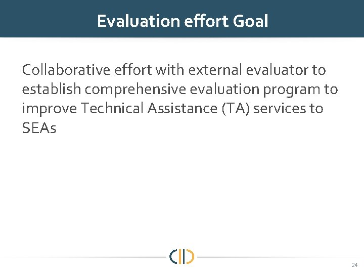 Evaluation effort Goal Collaborative effort with external evaluator to establish comprehensive evaluation program to