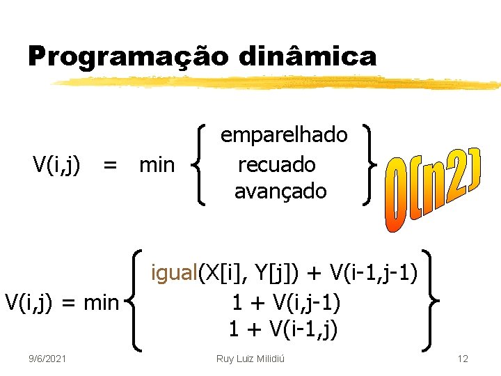 Programação dinâmica V(i, j) = min 9/6/2021 emparelhado recuado avançado igual(X[i], Y[j]) + V(i-1,