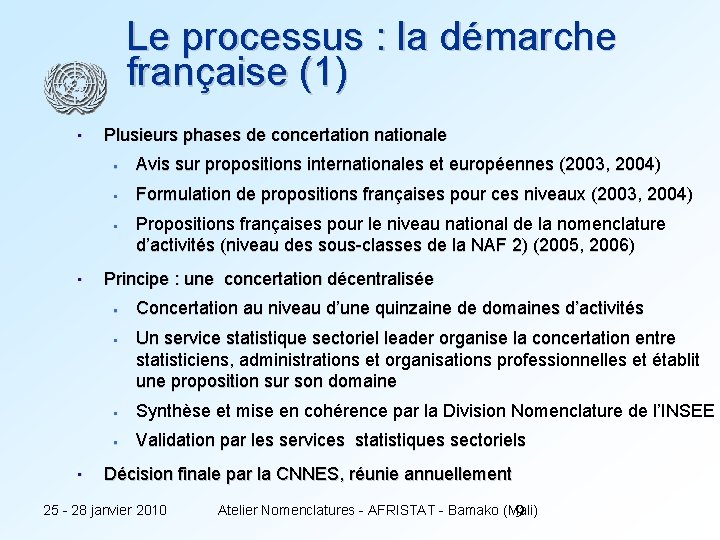Le processus : la démarche française (1) • Plusieurs phases de concertation nationale •