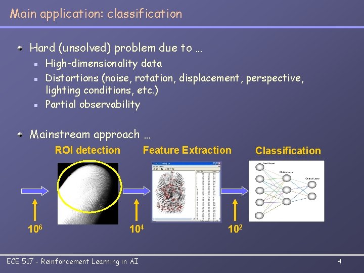 Main application: classification Hard (unsolved) problem due to … n n n High-dimensionality data