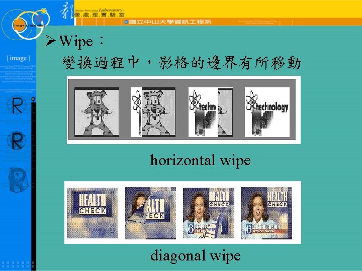 Ø Wipe： 變換過程中，影格的邊界有所移動 horizontal wipe diagonal wipe 