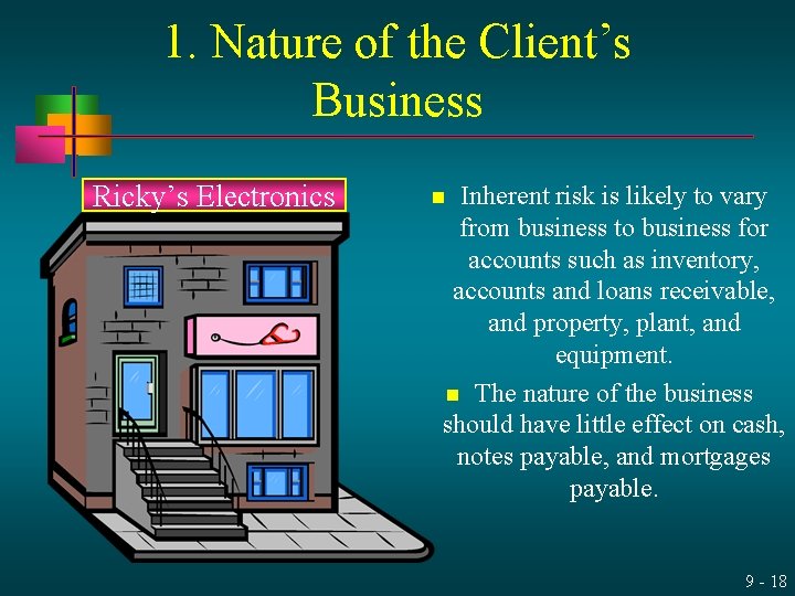 1. Nature of the Client’s Business Ricky’s Electronics Inherent risk is likely to vary