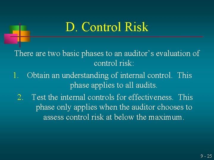 D. Control Risk There are two basic phases to an auditor’s evaluation of control