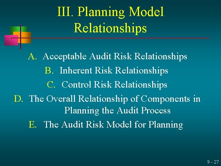III. Planning Model Relationships A. Acceptable Audit Risk Relationships B. Inherent Risk Relationships C.