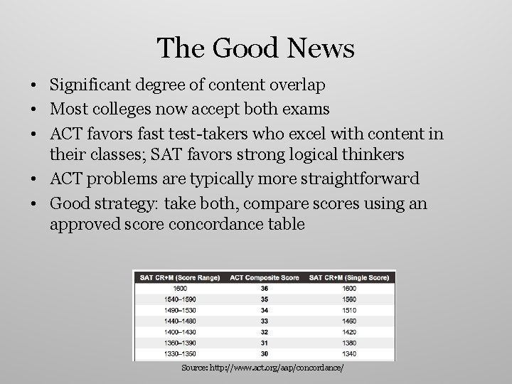 The Good News • Significant degree of content overlap • Most colleges now accept