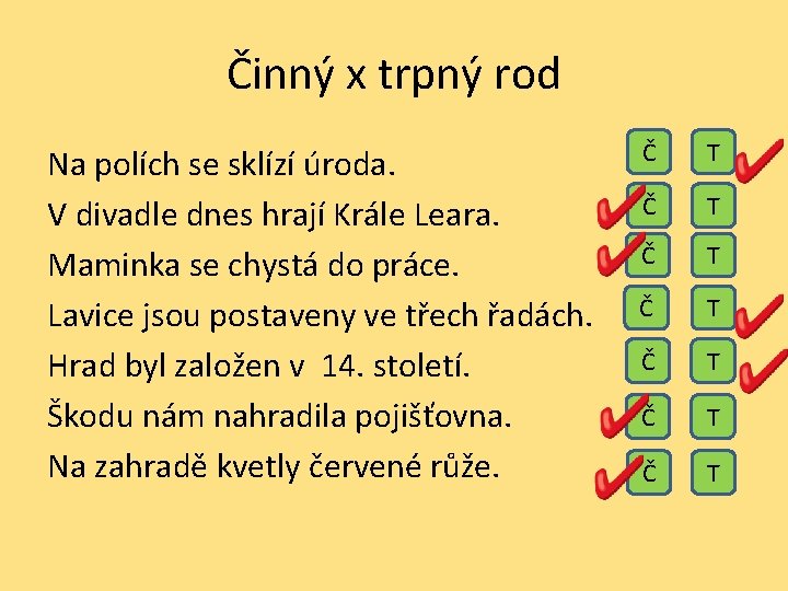 Činný x trpný rod Na polích se sklízí úroda. V divadle dnes hrají Krále