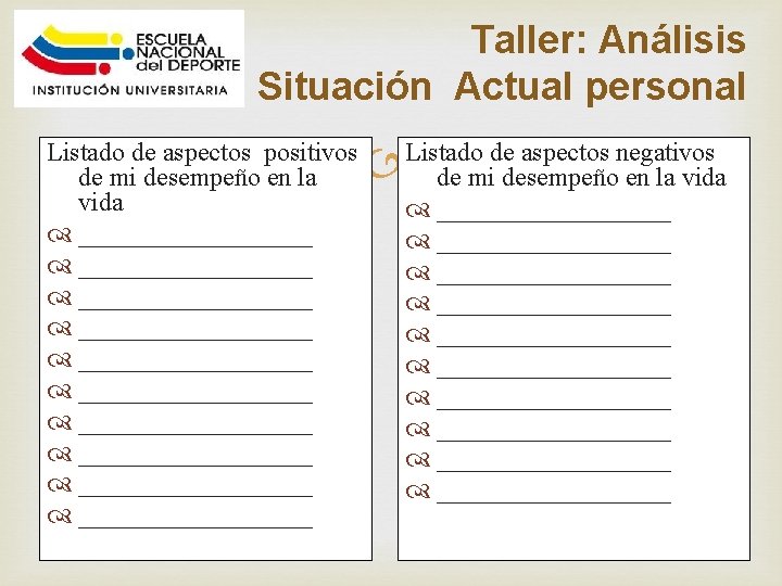 Taller: Análisis Situación Actual personal Listado de aspectos positivos de mi desempeño en la