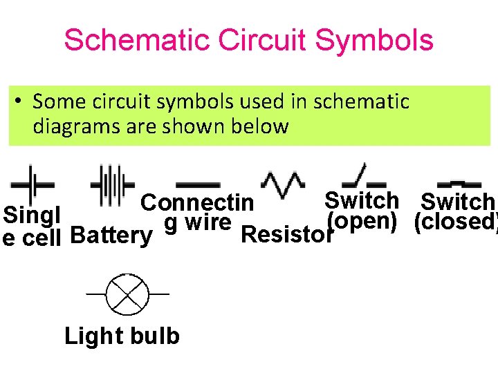 Schematic Circuit Symbols • Some circuit symbols used in schematic diagrams are shown below