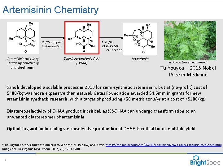 Artemisinin Chemistry 1) O 2/hn 2) Acid-cat. cyclization Ru/C catalyzed hydrogenation Artemisinic Acid (AA) Artemisinin Chemistry 1) O 2/hn 2) Acid-cat. cyclization Ru/C catalyzed hydrogenation Artemisinic Acid (AA)