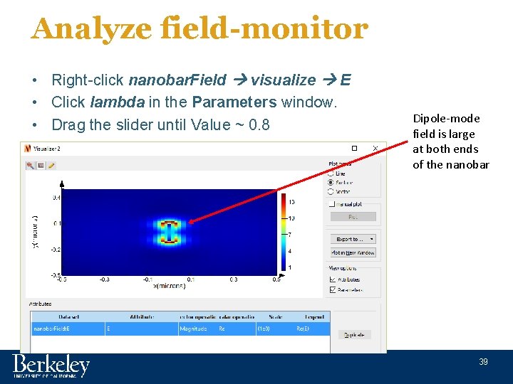 Analyze field-monitor • Right-click nanobar. Field visualize E • Click lambda in the Parameters
