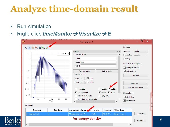 Analyze time-domain result • Run simulation • Right-click time. Monitor Visualize E For energy