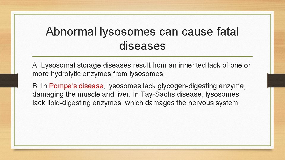 Abnormal lysosomes can cause fatal diseases A. Lysosomal storage diseases result from an inherited