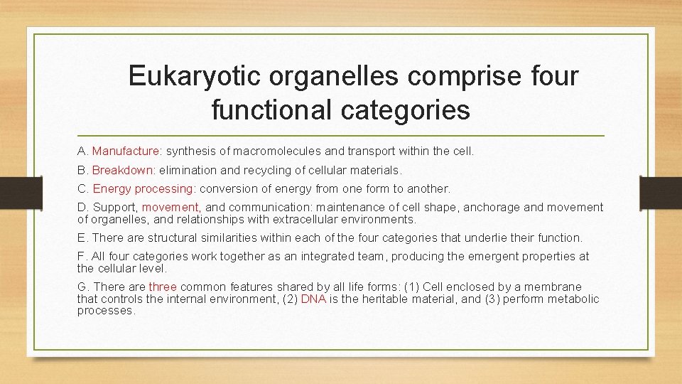 Eukaryotic organelles comprise four functional categories A. Manufacture: synthesis of macromolecules and transport within