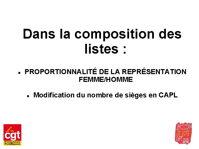 Dans la composition des listes : PROPORTIONNALITÉ DE LA REPRÉSENTATION FEMME/HOMME Modification du nombre