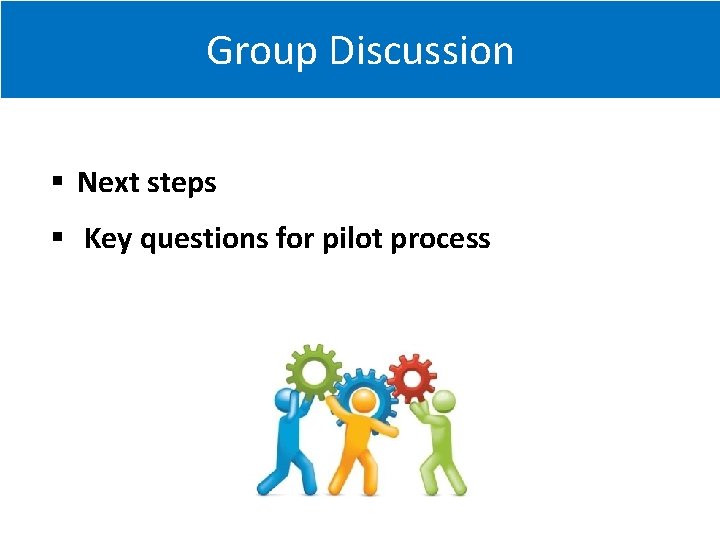 Group Discussion Next steps Key questions for pilot process 