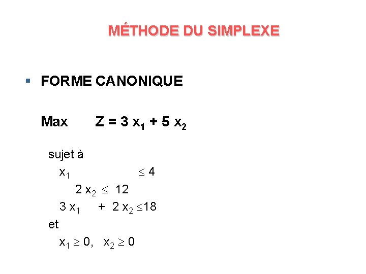 MÉTHODE DU SIMPLEXE § FORME CANONIQUE Max Z = 3 x 1 + 5