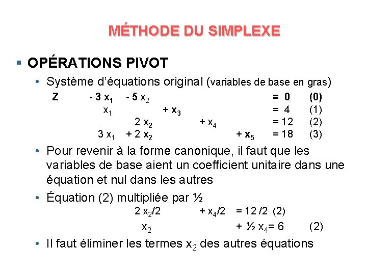 MÉTHODE DU SIMPLEXE § OPÉRATIONS PIVOT • Système d’équations original (variables de base en