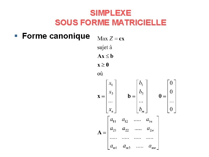 SIMPLEXE SOUS FORME MATRICIELLE § Forme canonique 