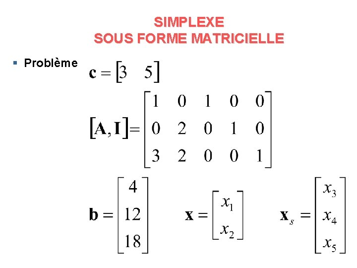 SIMPLEXE SOUS FORME MATRICIELLE § Problème 