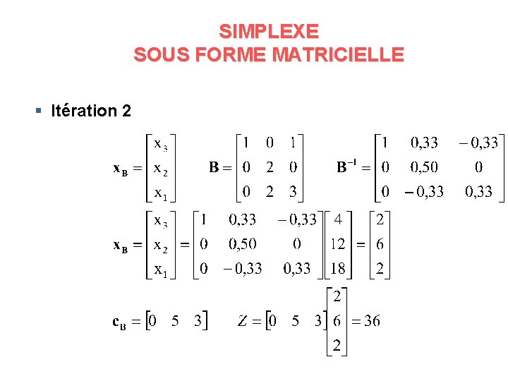SIMPLEXE SOUS FORME MATRICIELLE § Itération 2 