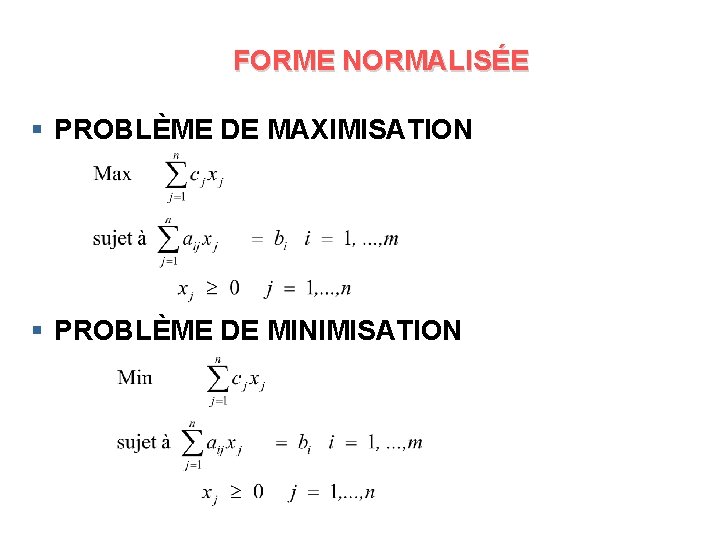 FORME NORMALISÉE § PROBLÈME DE MAXIMISATION § PROBLÈME DE MINIMISATION 