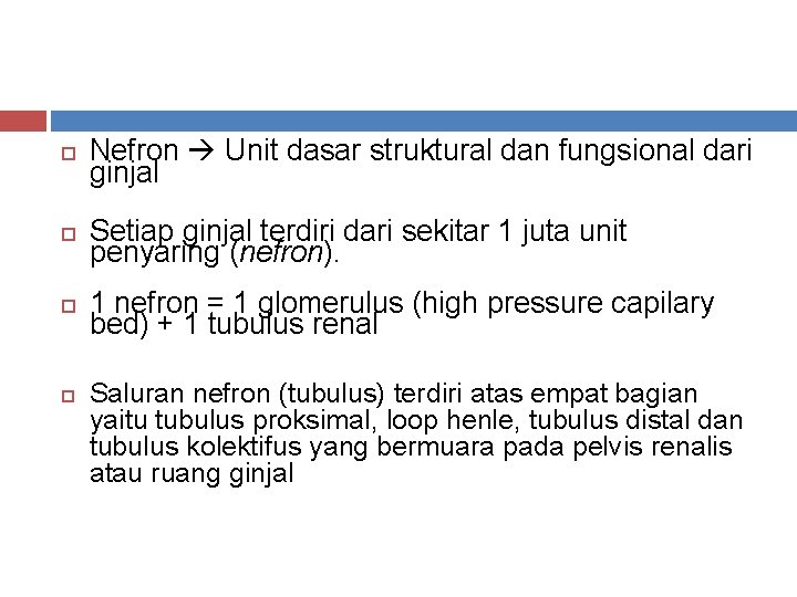  Nefron Unit dasar struktural dan fungsional dari ginjal Setiap ginjal terdiri dari sekitar