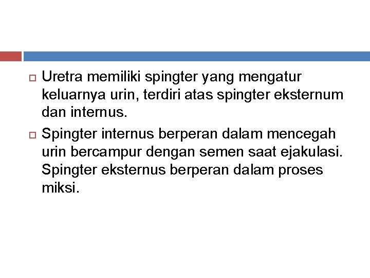 Uretra memiliki spingter yang mengatur keluarnya urin, terdiri atas spingter eksternum dan internus. Uretra memiliki spingter yang mengatur keluarnya urin, terdiri atas spingter eksternum dan internus.
