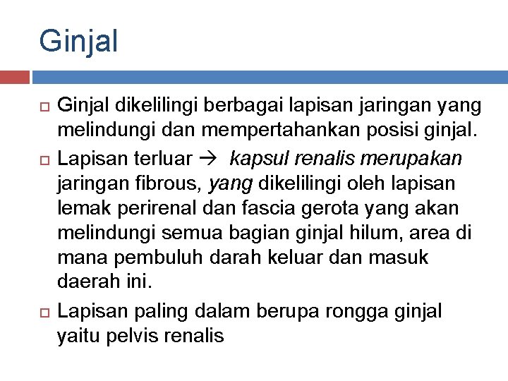 Ginjal Ginjal dikelilingi berbagai lapisan jaringan yang melindungi dan mempertahankan posisi ginjal. Lapisan terluar