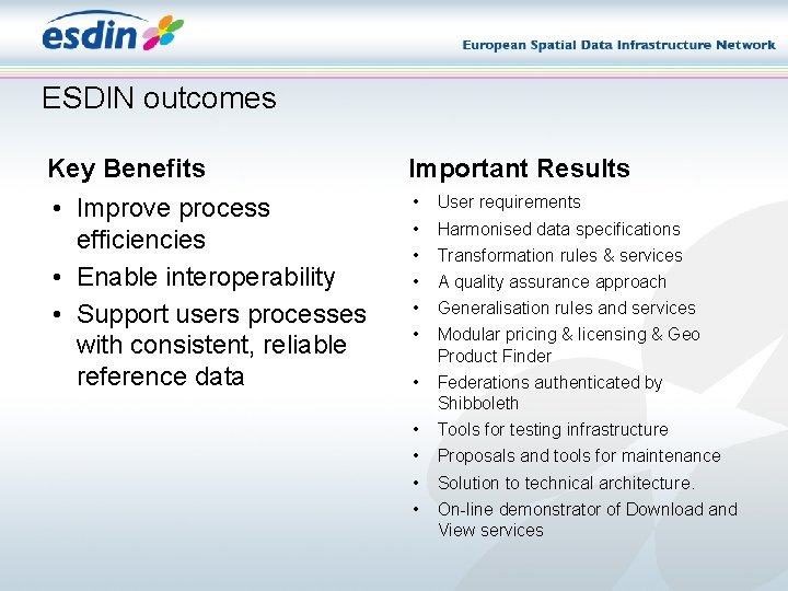 ESDIN outcomes Key Benefits Important Results • Improve process efficiencies • Enable interoperability • ESDIN outcomes Key Benefits Important Results • Improve process efficiencies • Enable interoperability •