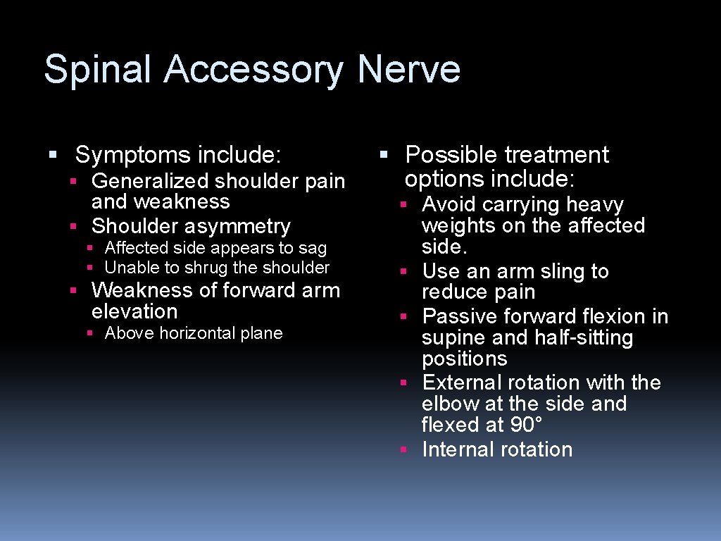 Spinal Accessory Nerve § Symptoms include: § Generalized shoulder pain and weakness § Shoulder